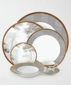 TRISH SCULLY HOME GRISAILLE & GLEN PLAID 5PC. BONE CHINA SET