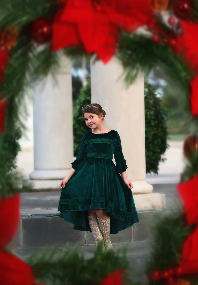 TRISH SCULLY GIRLS LILY DRESS EMERALD VELVET