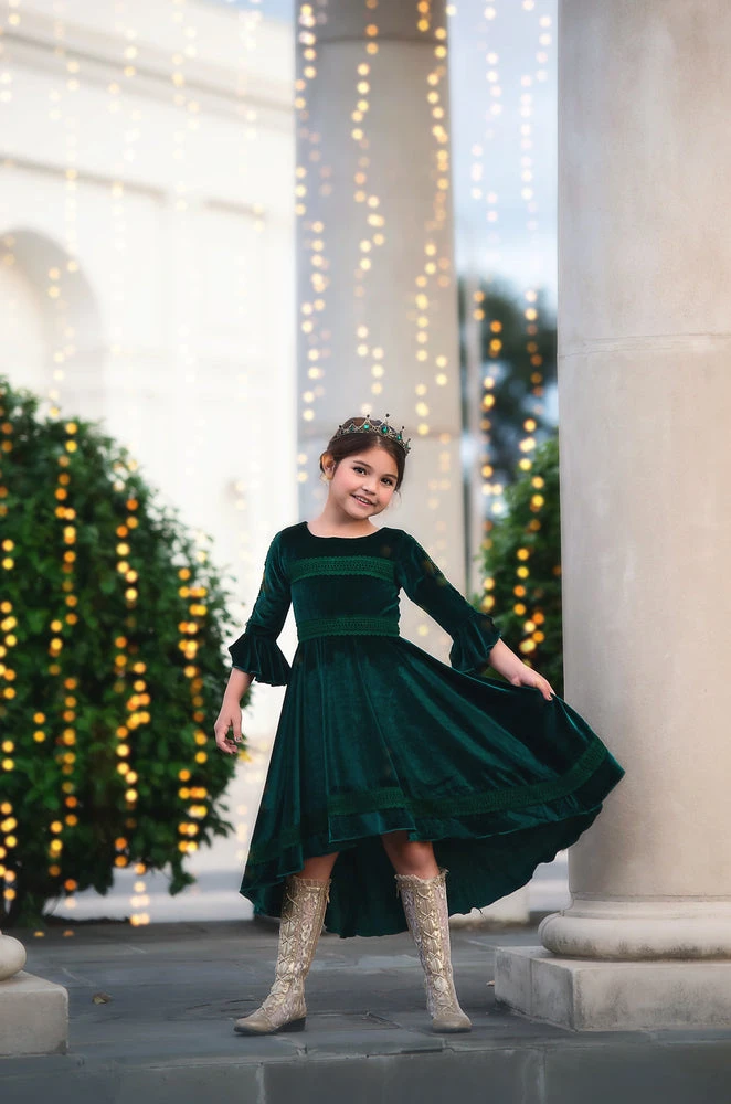 TRISH SCULLY GIRLS LILY DRESS EMERALD VELVET