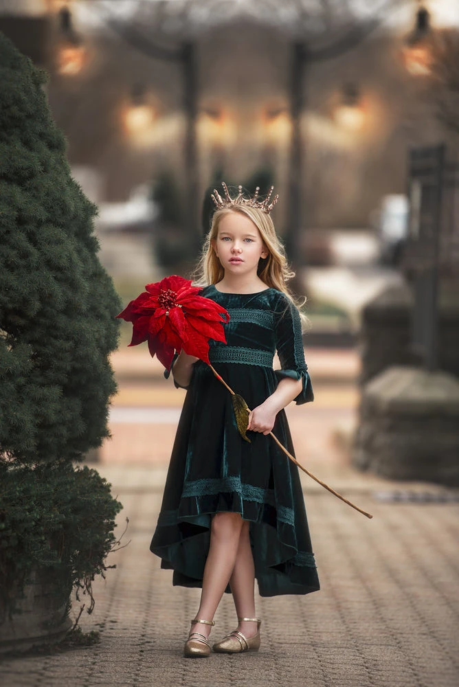 TRISH SCULLY GIRLS LILY DRESS EMERALD VELVET