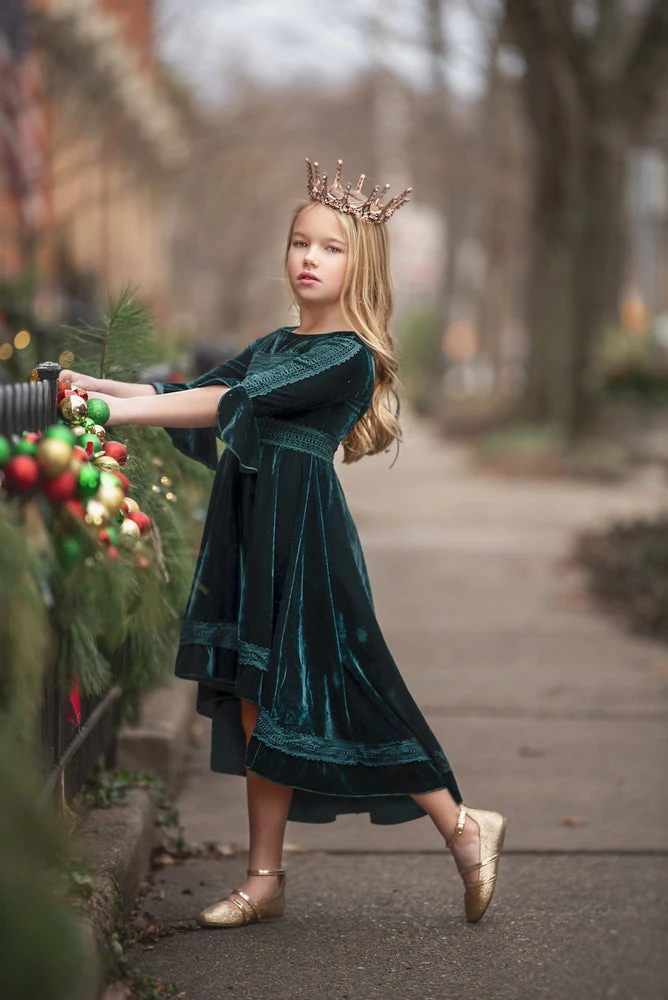 TRISH SCULLY GIRLS LILY DRESS EMERALD VELVET