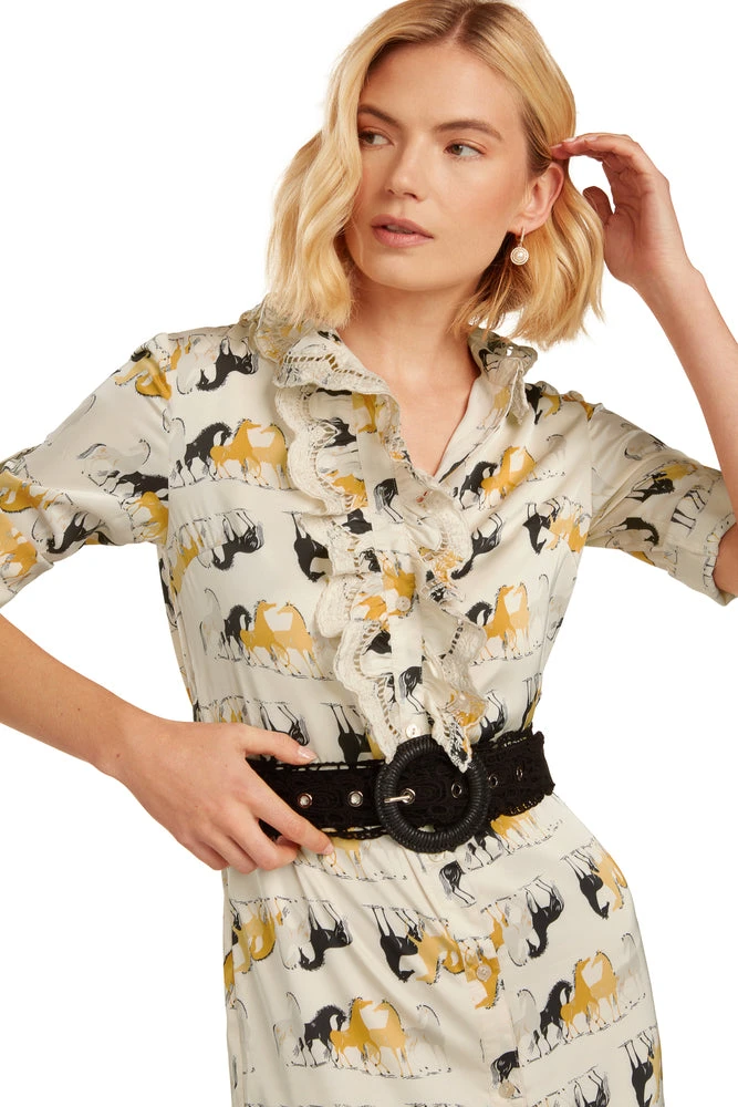 TRISH SCULLY LEA BUTTON DOWN MAXI DRESS EQUESTRIAN PRINT