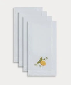 TRISH SCULLY HOME HAND EMBROIDERED LEMON NAPKIN SET OF 4