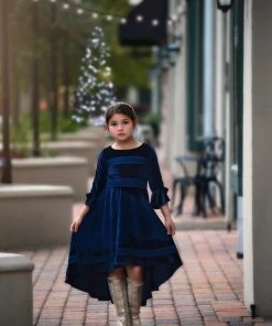 TRISH SCULLY GIRLS LILY DRESS NAVY VELVET