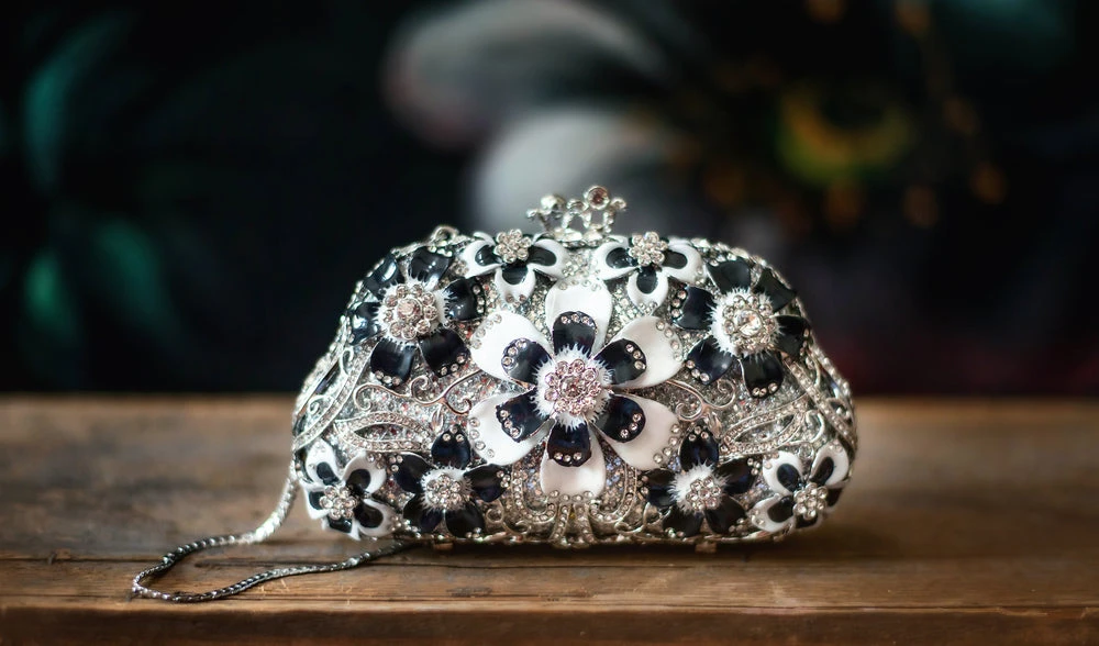 TRISH SCULLY BLACK & WHITE FLORAL RHINESTONE CLUTCH