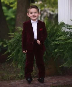 TRISH SCULLY BOYS BARCLAY SUIT BURGUNDY VELVET 3PC SET