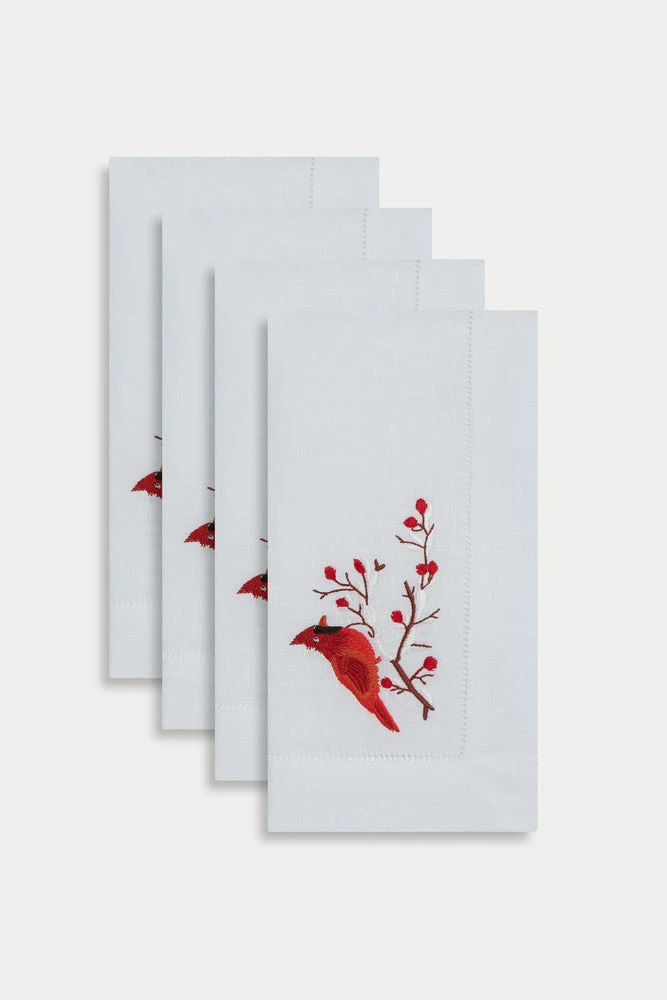 TRISH SCULLY CARDINAL EMBROIDERED LINEN NAPKIN, SET OF 4