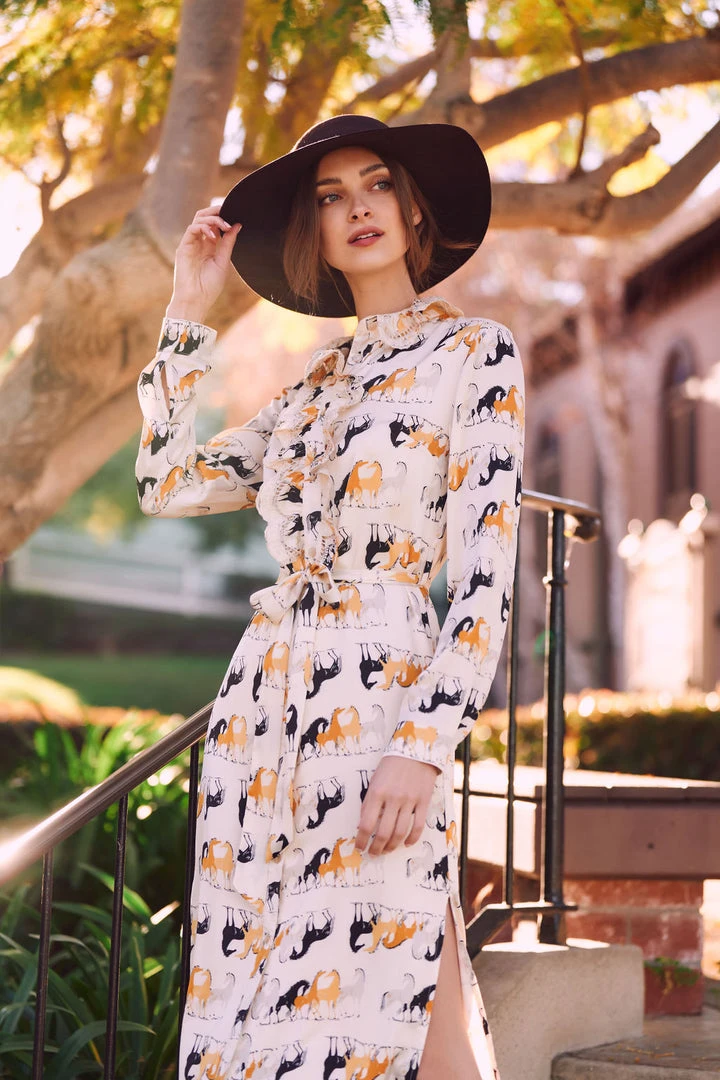 TRISH SCULLY LEA BUTTON DOWN MAXI DRESS EQUESTRIAN PRINT