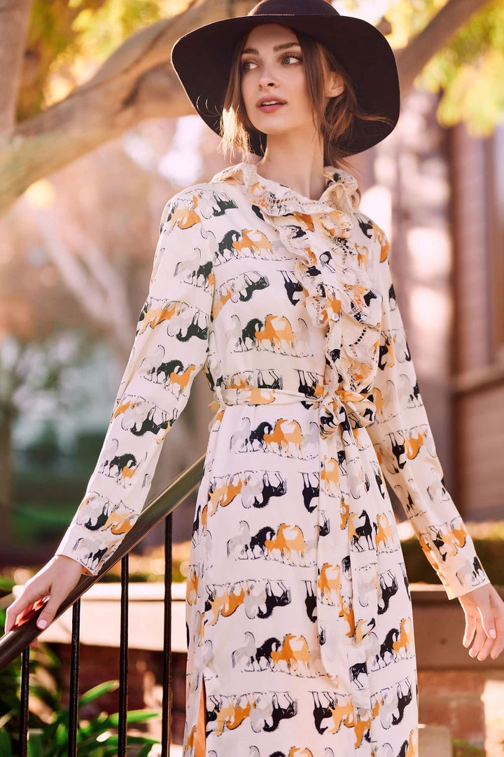 TRISH SCULLY LEA BUTTON DOWN MAXI DRESS EQUESTRIAN PRINT