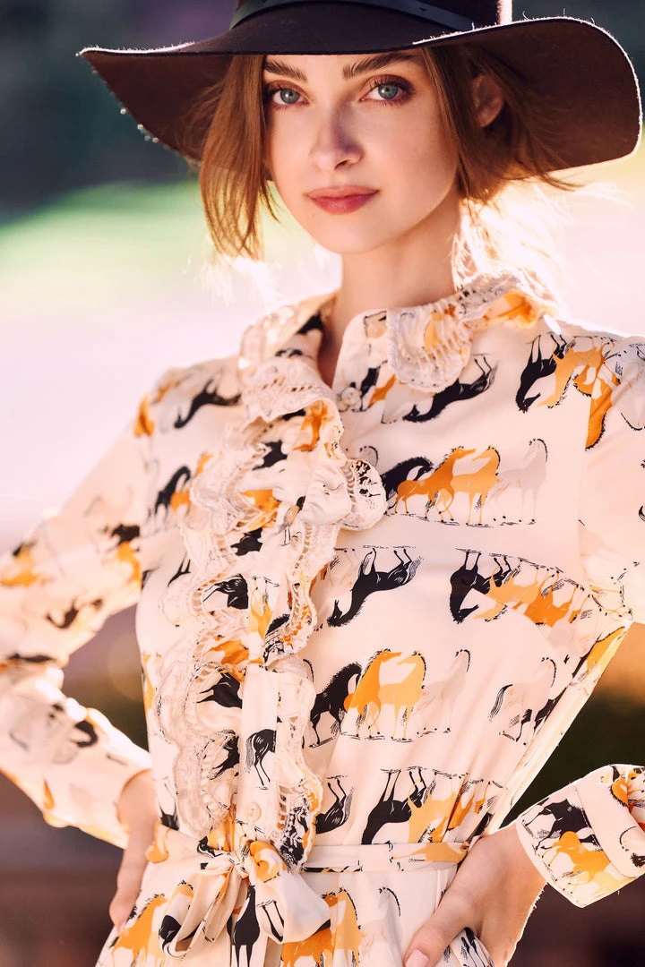 TRISH SCULLY LEA BUTTON DOWN MAXI DRESS EQUESTRIAN PRINT