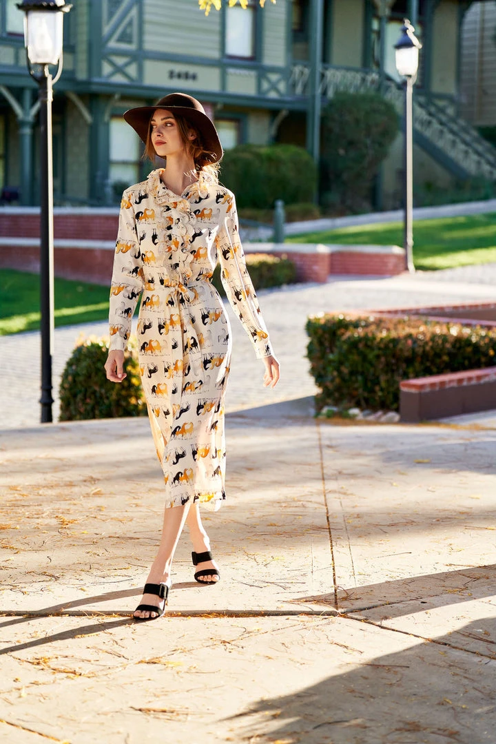 TRISH SCULLY LEA BUTTON DOWN MAXI DRESS EQUESTRIAN PRINT